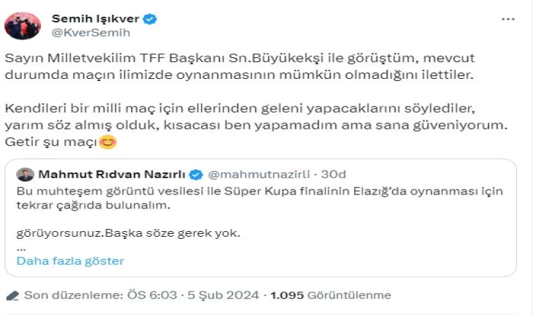 Milletvekili Işıkver: TFF Kupa Finali İçin Elazığ’a Onay Vermedi