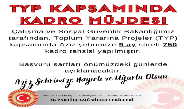 Elazığ’a TYP Kapsamında 9 Ay Süreli 750 Kadro Tahsisi Yapıldı