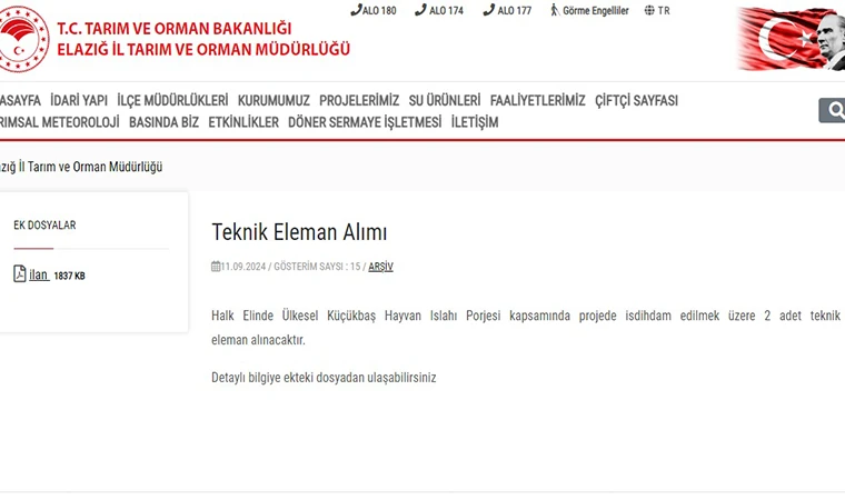 Elazığ İl Tarım ve Orman Müdürlüğü 2 Personel Alacak!